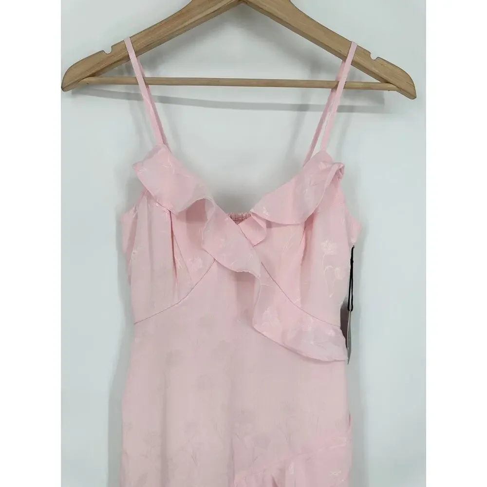 Japna Ruffle Midi Dress Satin Floral Jacquard Cottagecore Y2k Asymmetric Pink - Picture 3 of 9